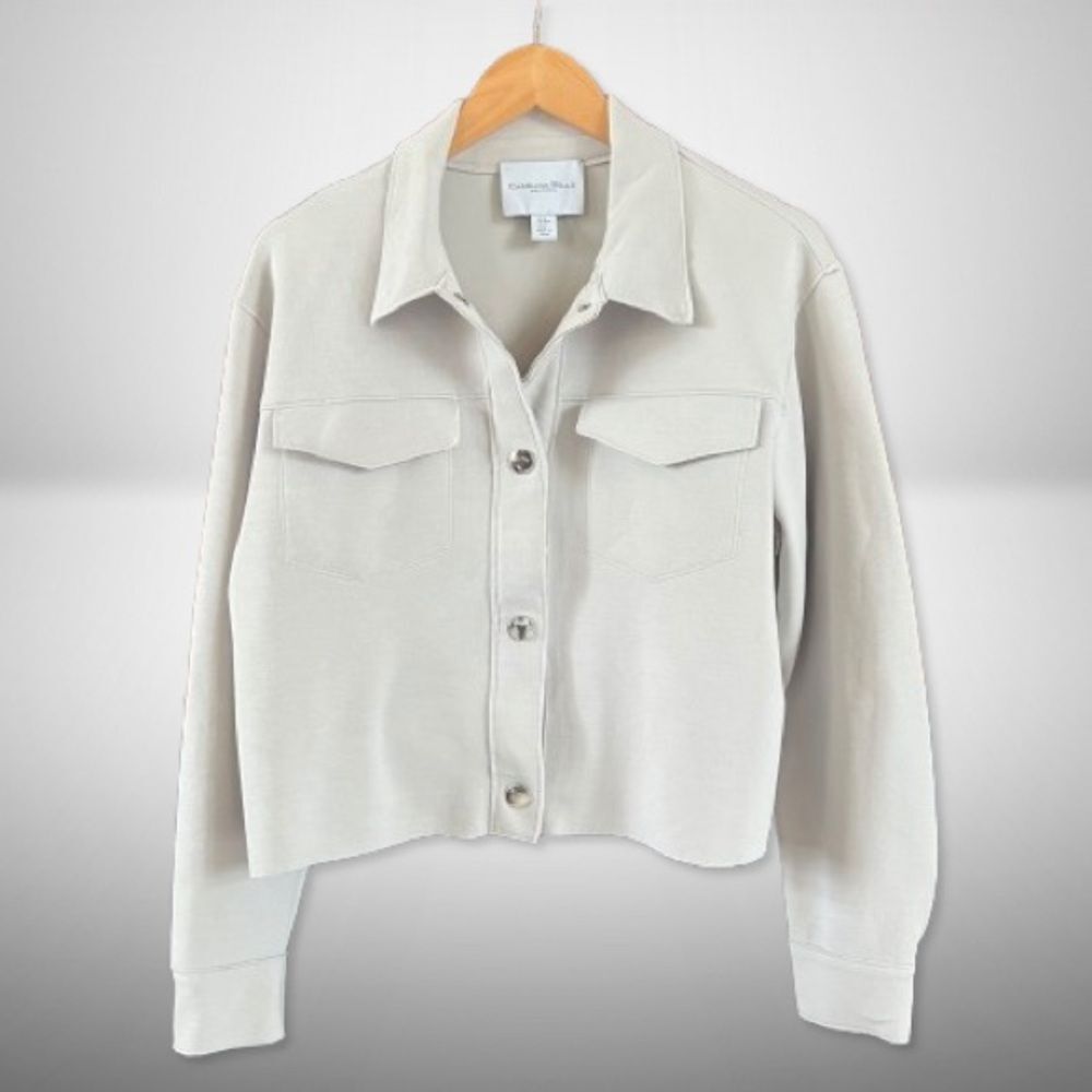 Carolina Belle Greige Oversized Crop Snap Stretch Comfy Blazer Jacket Size M